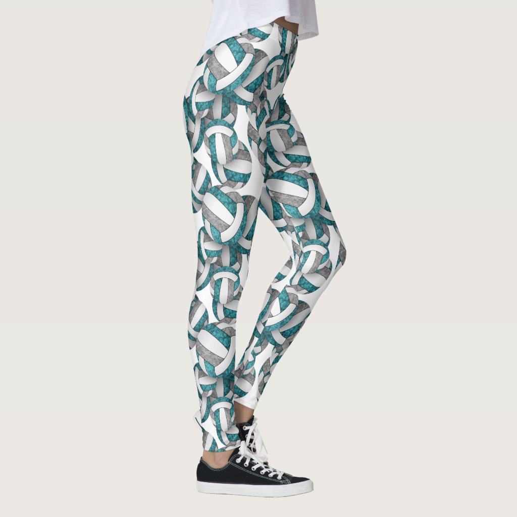 Teal gray team colors girly volleyballs pattern leggings