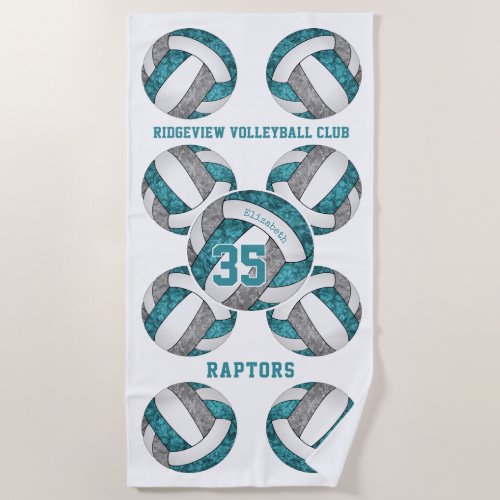 teal gray team colors name girly volleyballs  beach towel