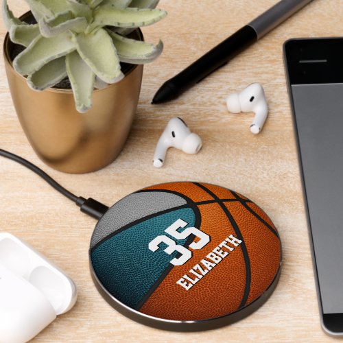 teal gray team colors personalized basketball wireless charger 