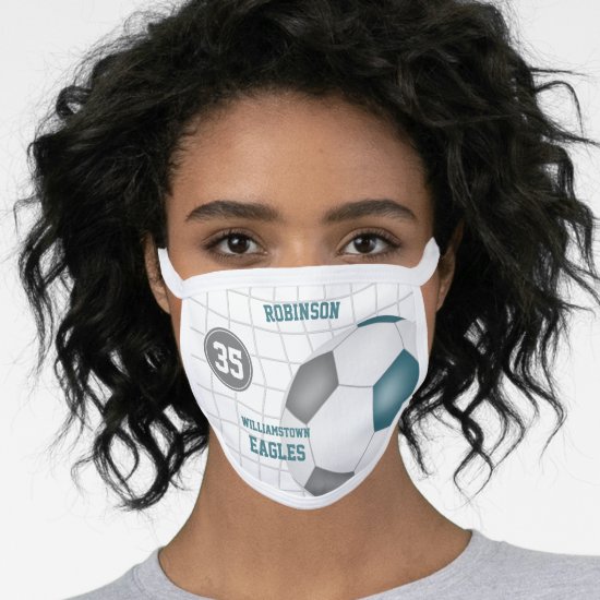 teal gray team colors player name number soccer face mask