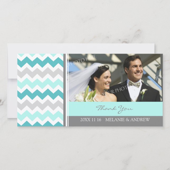 Teal Gray Thank You Wedding Photo Cards (Front)
