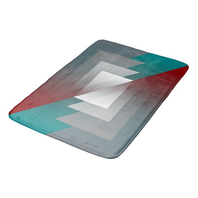 Teal gray triangles on burgundy bath mat (Angled)