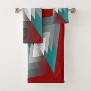 Teal gray triangles on burgundy bath towel set