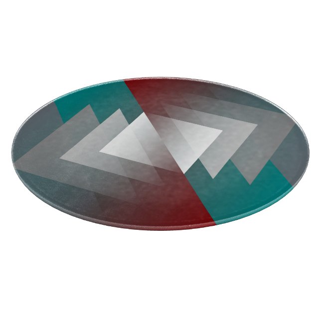 Teal gray triangles on burgundy cutting board (Corner)