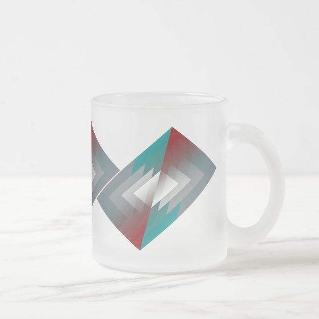 Teal gray triangles on burgundy frosted glass coffee mug (Right)