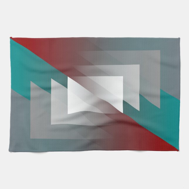 Teal gray triangles on burgundy kitchen towel (Horizontal)