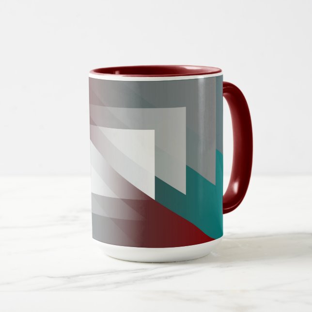 Teal gray triangles on burgundy mug (Front Right)