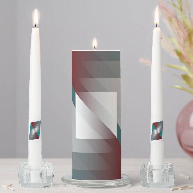 Teal gray triangles on burgundy unity candle set (In Situ)