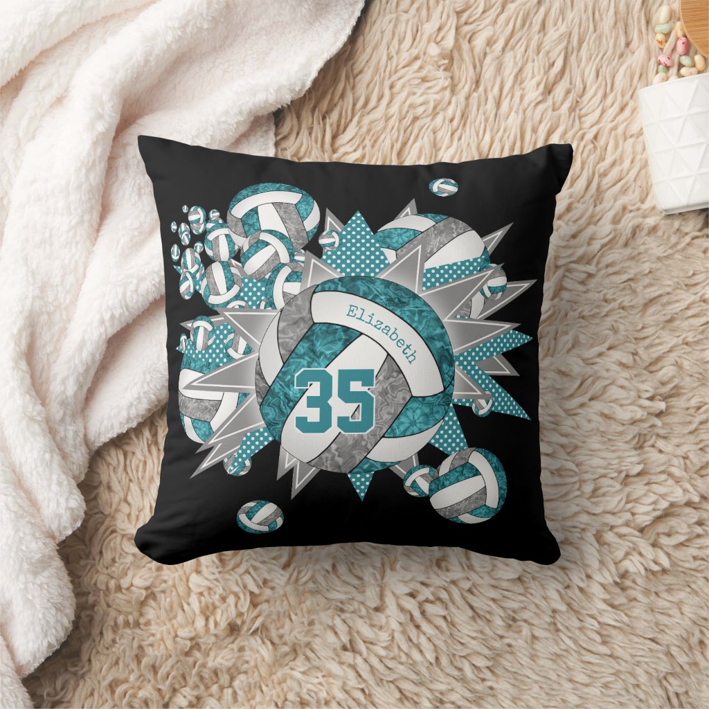 teal gray volleyball blowout girly sports decor throw pillow
