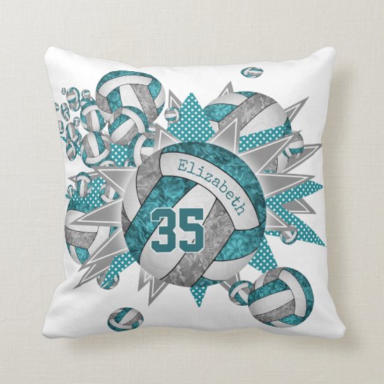 teal gray volleyball blowout girly sports decor throw pillow