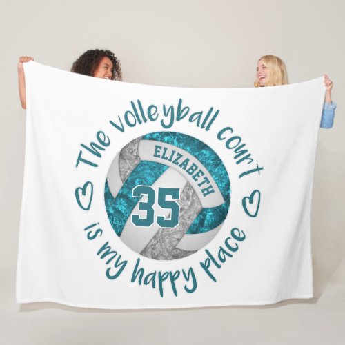 teal gray volleyball court happy place custom fleece blanket