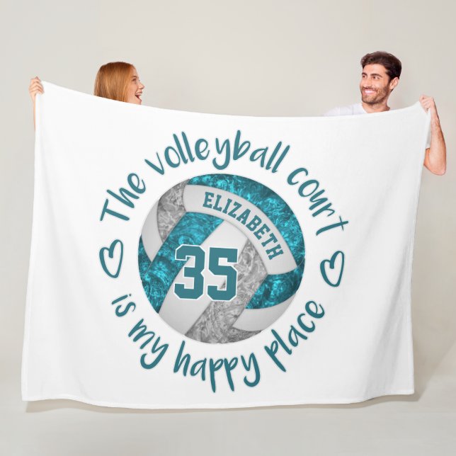 teal gray volleyball court happy place custom fleece blanket (In Situ)