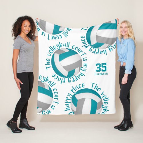 teal gray volleyball court happy place typography fleece blanket