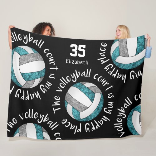 teal gray volleyball court happy place typography fleece blanket