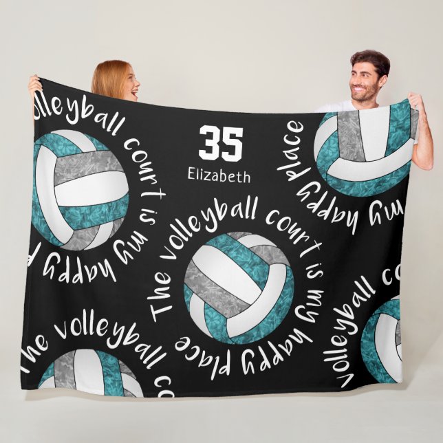 teal gray volleyball court happy place typography fleece blanket (In Situ)