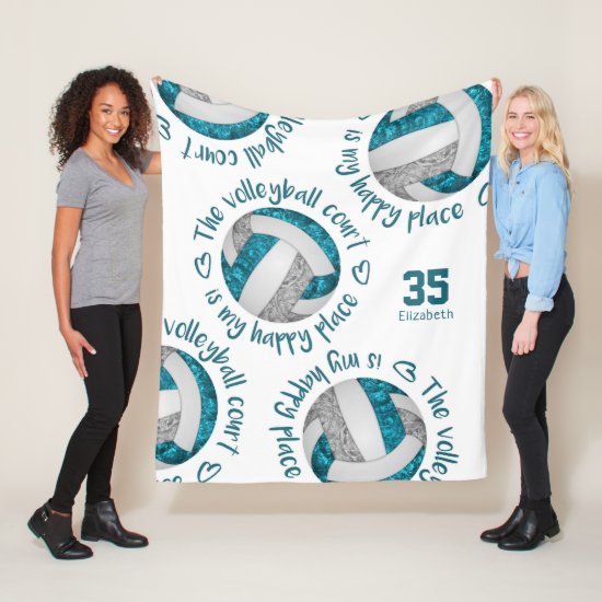 teal gray volleyball court happy place typography fleece blanket