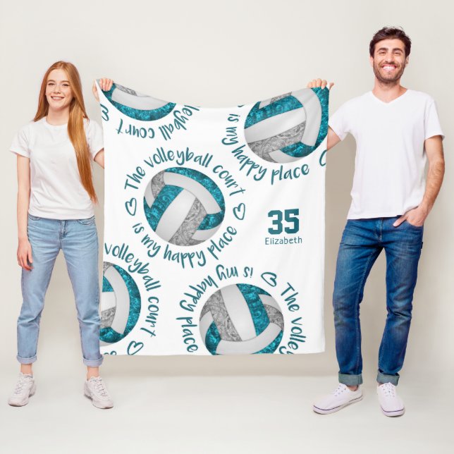 teal gray volleyball court happy place typography fleece blanket (In Situ)