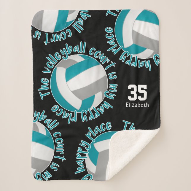 teal gray volleyball court happy place typography sherpa blanket (Front)