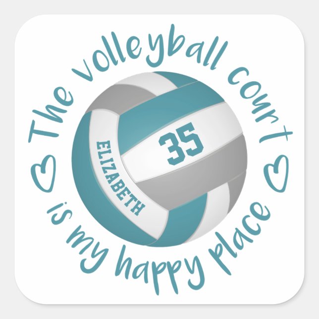 teal gray volleyball girly happy place typography square sticker (Front)