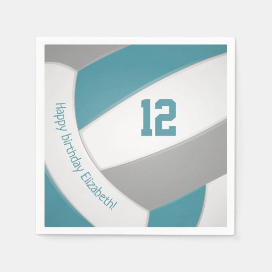 teal gray volleyball player kids happy birthday napkins