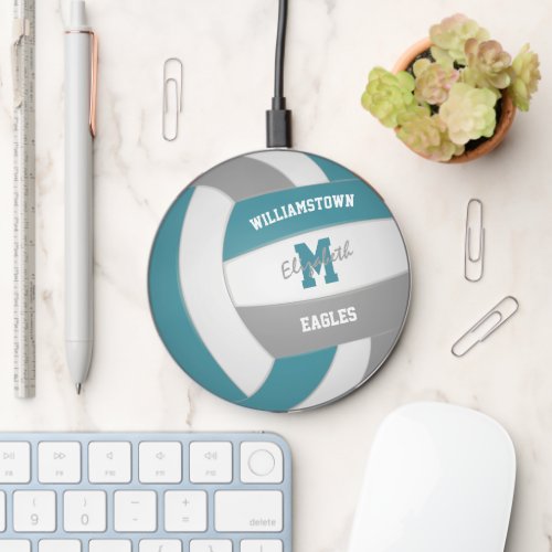 teal gray volleyball team colors personalized  wireless charger 