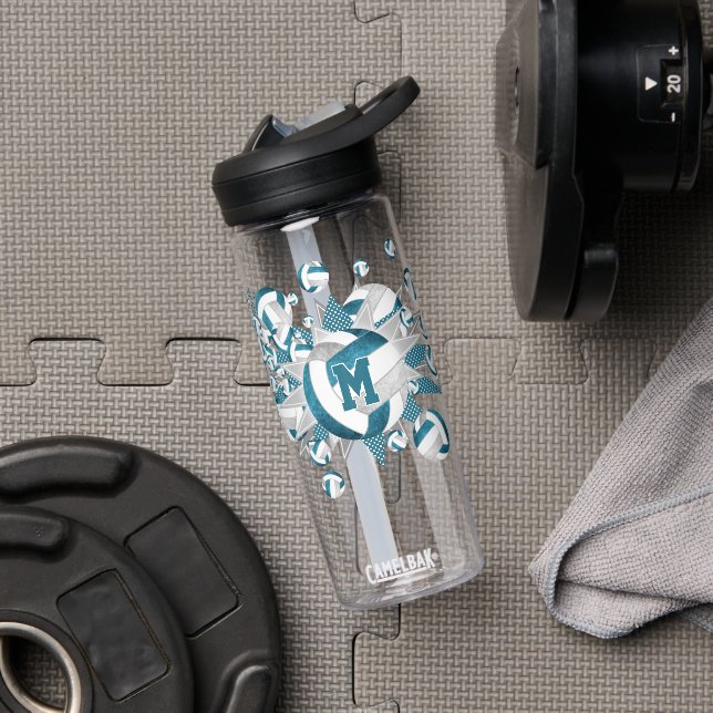 teal gray volleyballs stars girls monogrammed water bottle (Gym)