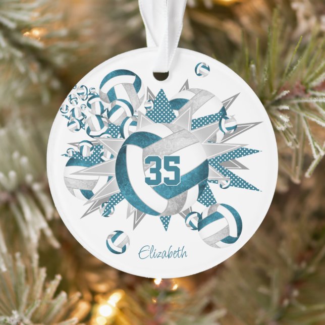 teal gray volleyballs stars girls name keepsake ornament (Tree)