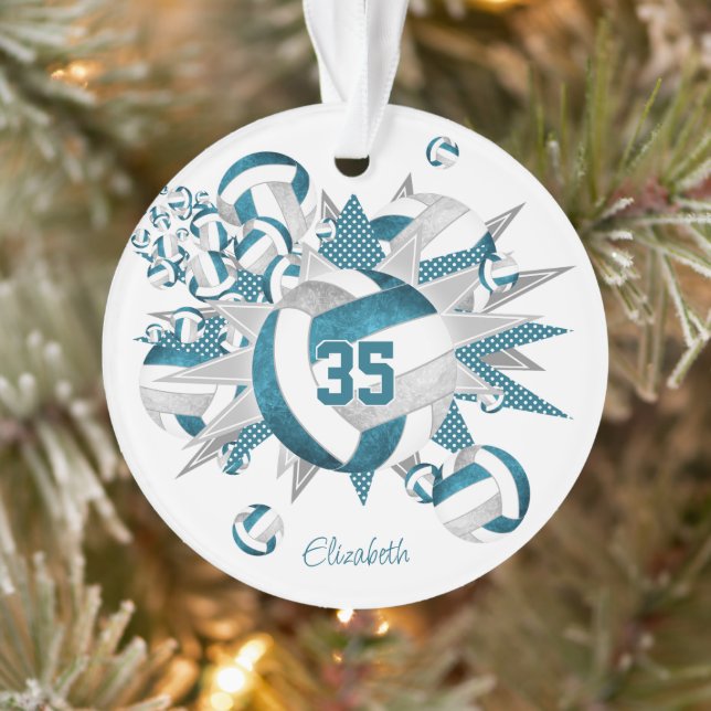 teal gray volleyballs stars girls name keepsake ornament (Tree)