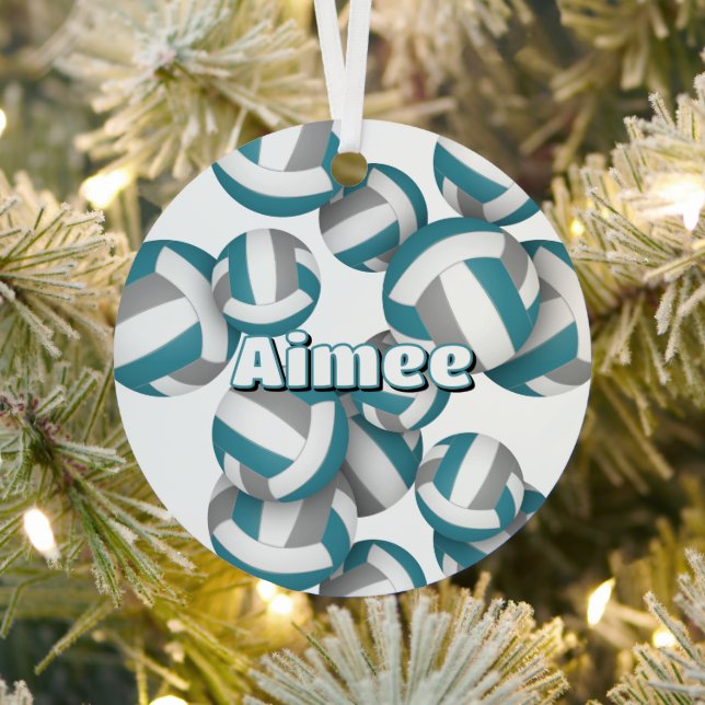 teal gray volleyballs w athlete name keepsake metal ornament (Insitu)