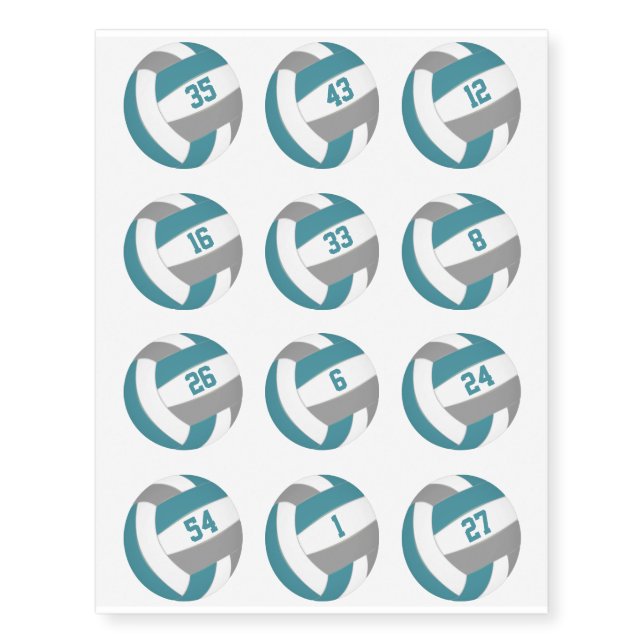 teal gray volleyballs w jersey numbers set of 12 temporary tattoos (Front)