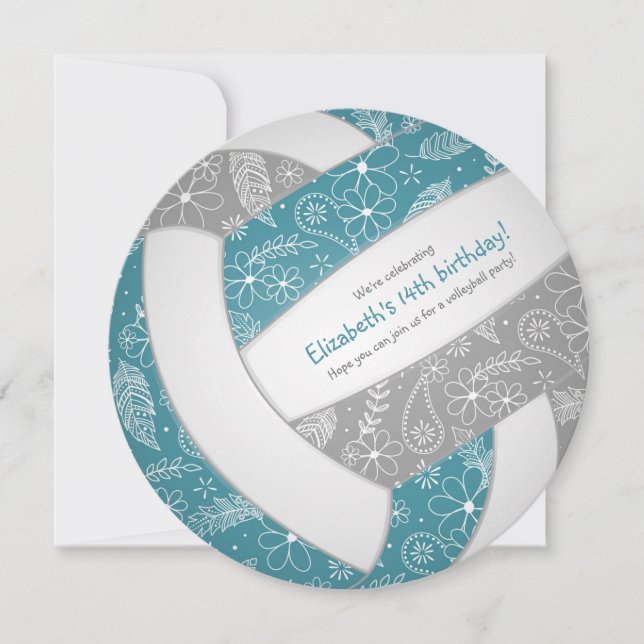 teal gray w floral doodles volley girl birthday announcement (Front)