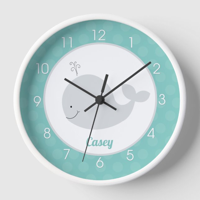 Teal Gray Whale Baby Nursery Nautical Kids Wall  Clock (Front)