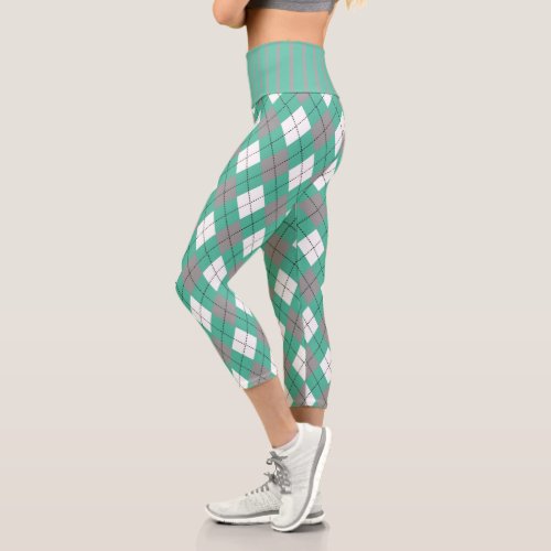 Teal Gray  White Classic Scottish Argyle Pattern Capri Leggings