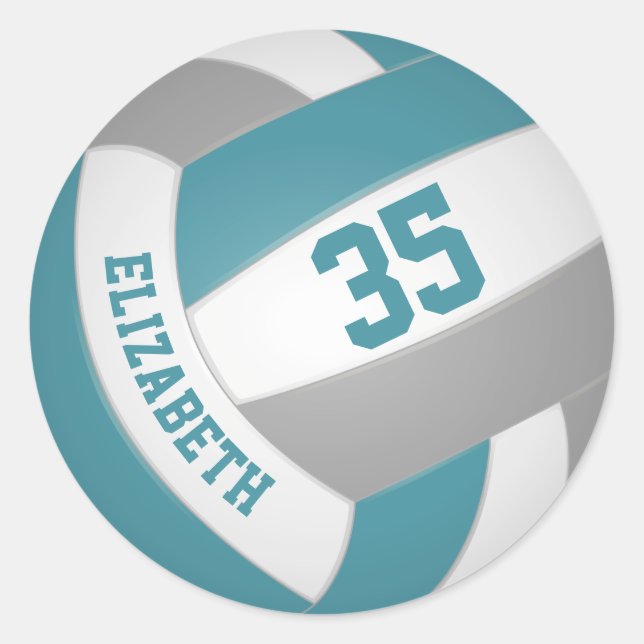teal gray white custom girls boys name volleyball classic round sticker (Front)