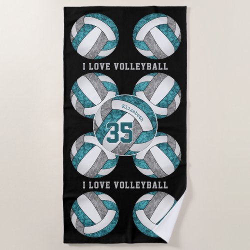 teal gray white girls love volleyball personalized beach towel