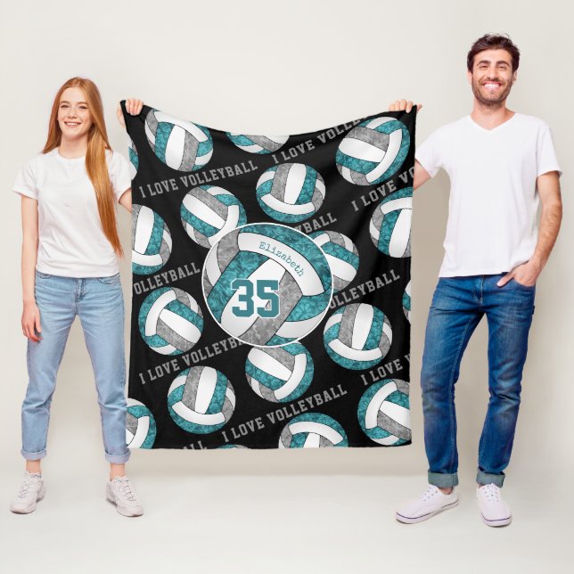teal gray white girls love volleyball personalized fleece blanket (In Situ)