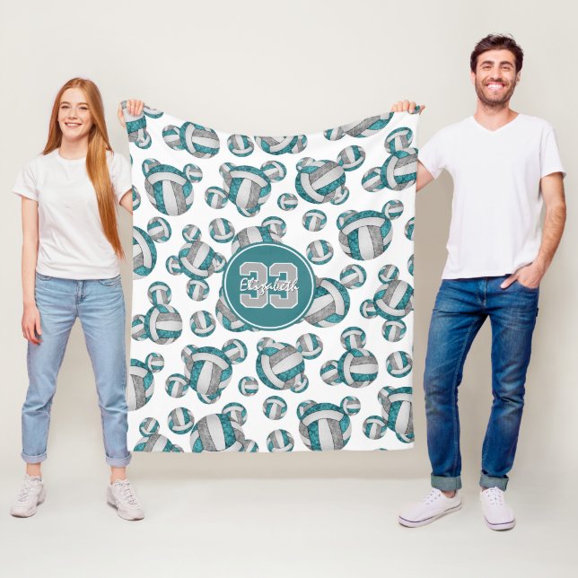 teal gray white girly volleyball pattern fleece blanket (In Situ)