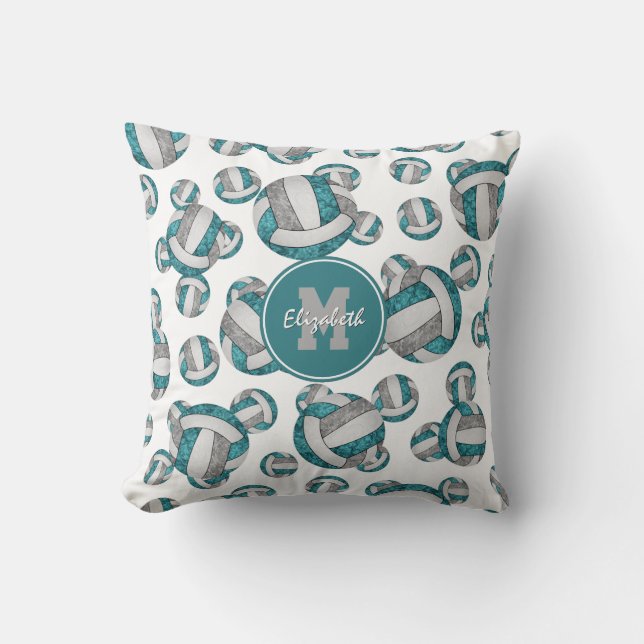 teal gray white girly volleyballs pattern throw pillow (Front)