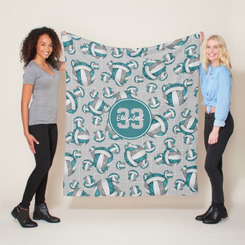 teal gray white girly volleyballs w net detail fleece blanket