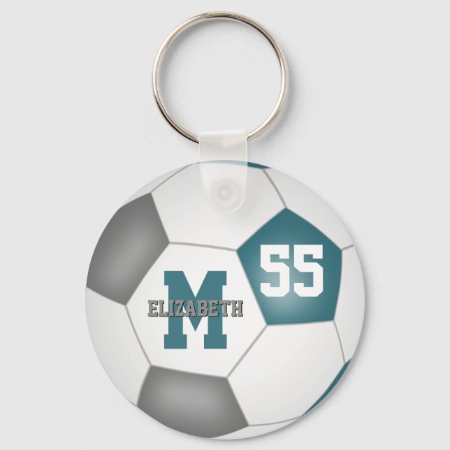 teal gray white kids soccer bag tag keychain (Front)