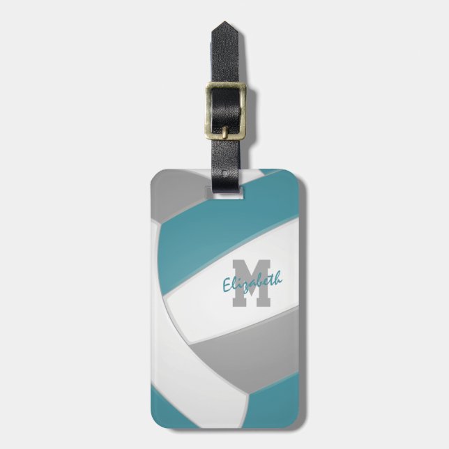 teal gray white monogrammed volleyball luggage tag (Front Vertical)