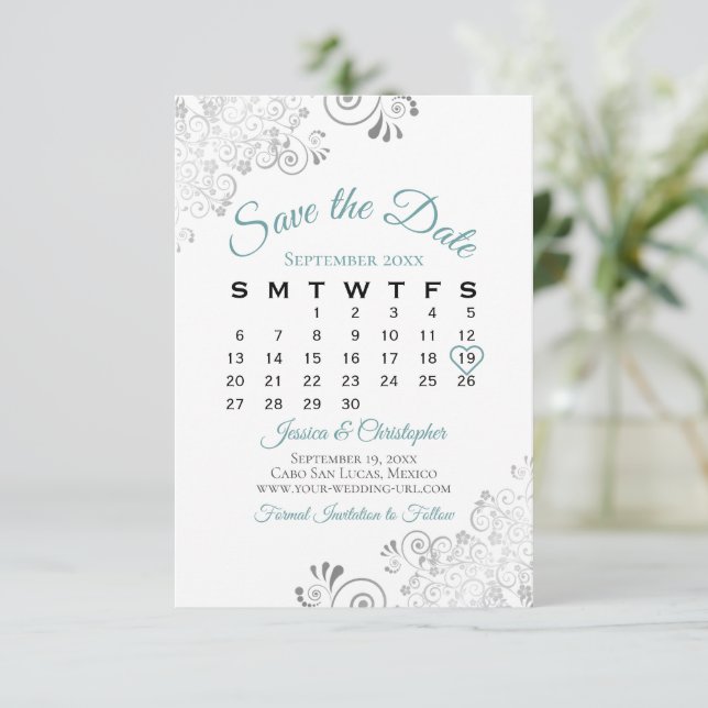 Teal Gray & White Simple Elegant Wedding Calendar Save The Date (Standing Front)