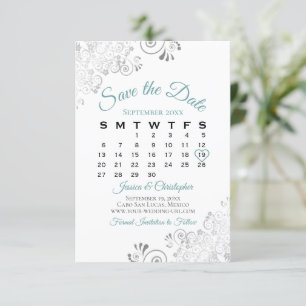 Teal Gray & White Simple Elegant Wedding Calendar Save The Date