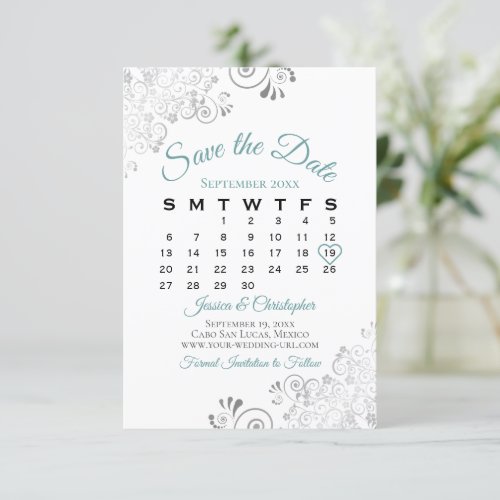 Teal Gray  White Simple Elegant Wedding Calendar Save The Date