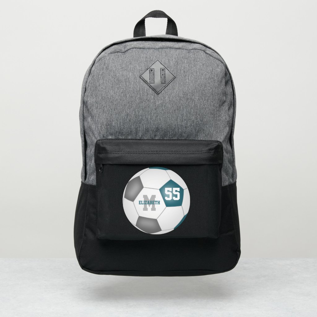 teal gray white soccer ball personalized backpack