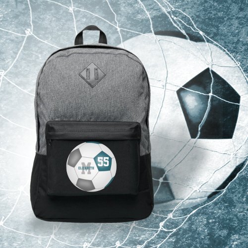 teal gray white soccer ball personalized port authority backpack