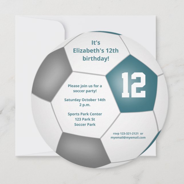 teal gray white soccer themed birthday party announcement (Front)