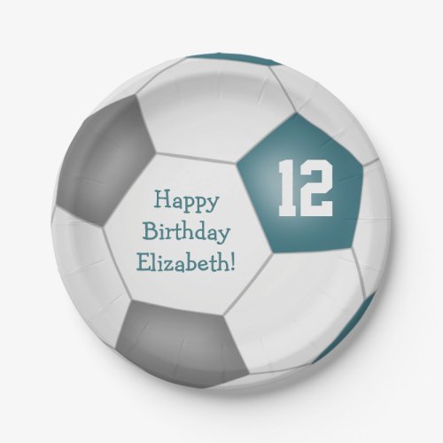 teal gray white soccer themed birthday party paper plates