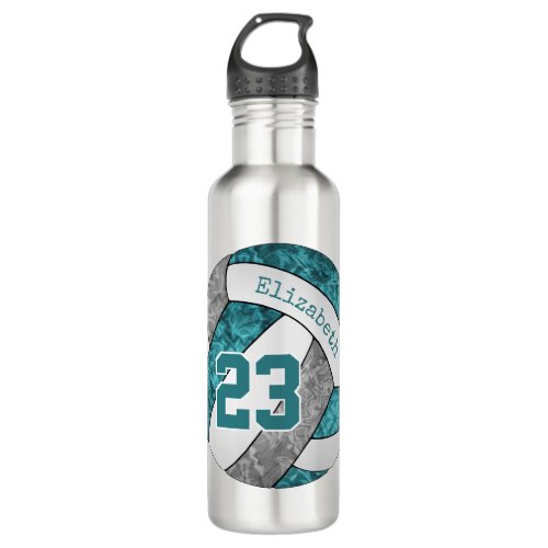 teal gray white volleyball girls name number stainless steel water bottle