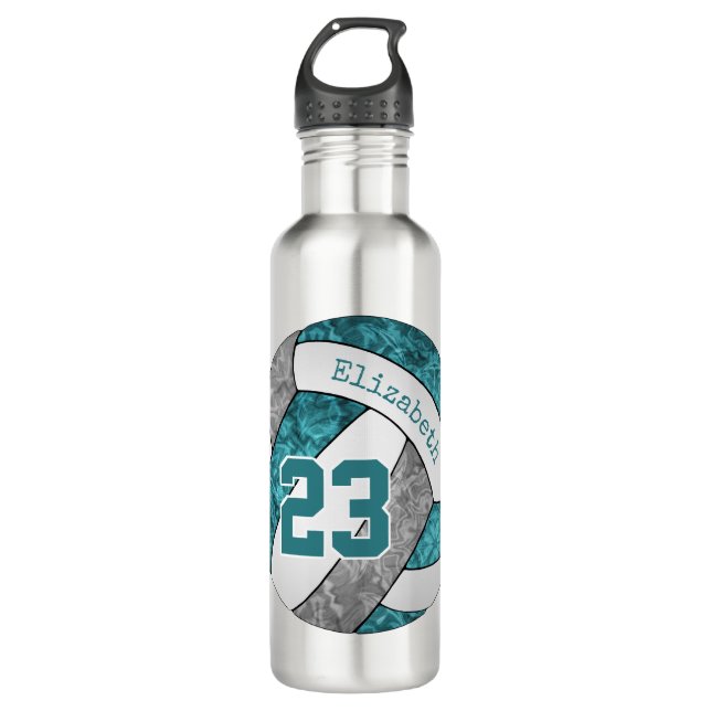 teal gray white volleyball girls name number stainless steel water bottle (Front)